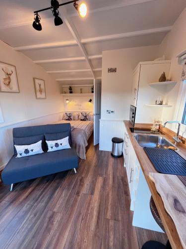a living room with a couch and a bed at Capledrae Farmstay Shepherds Huts in Cardenden