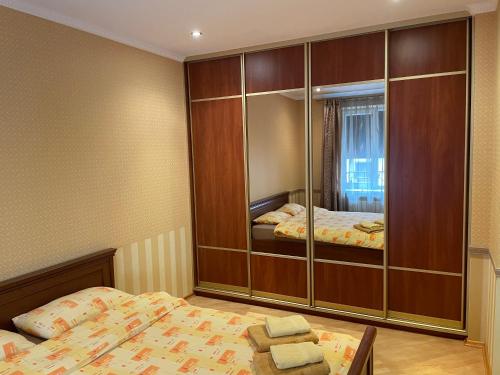 リヴィウにあるApartment on Kostyushka 20のベッドルーム(大きな鏡付きキャビネット、ベッド1台付)