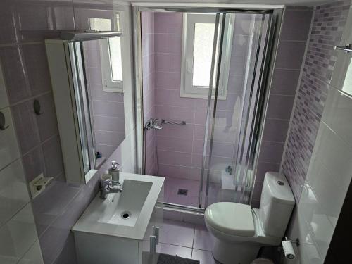 a bathroom with a toilet and a sink and a shower at Ioannina city center - Michelangelo Apartments - B2 in Ioannina