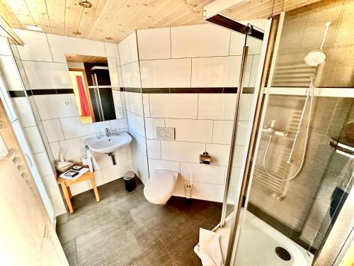 e bagno con doccia, servizi igienici e lavandino. di Gasthof Ochsen a Nesslau