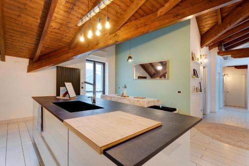 a kitchen with a counter with a sink and a counter sidx sidx at Appartamento open space. in Ferno