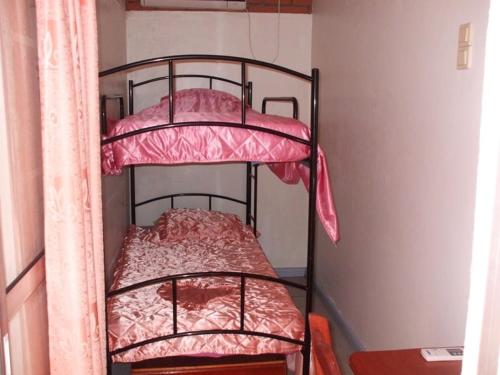 two bunk beds in a room with pink sheets at Villa Nickerie/ Suriname in Nieuw Nickerie