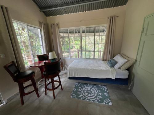 Schlafzimmer mit einem Bett, einem Tisch und Fenstern in der Unterkunft Casa Naturaleza in El Valle de Antón