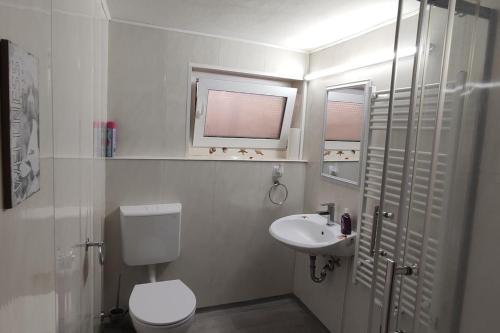 a white bathroom with a toilet and a sink at OCTOPUS 2-ZKB 2.OG Hofgeismar-Zentrum! in Hofgeismar