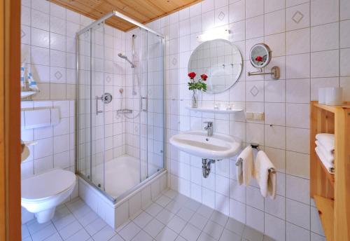 La salle de bains est pourvue d'une douche, d'un lavabo et de toilettes. dans l'établissement Beim Paulfischer, à Chieming