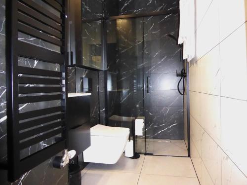 ein Bad mit einem WC und einer schwarzen Wand in der Unterkunft Apartament Olchowe Zacisze in Ustroń