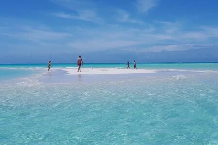 a group of people standing on a beach in the ocean at Beachside 2 Bedroom Villa with Pool and Resort Amenities - White Villas - v7 in Providenciales