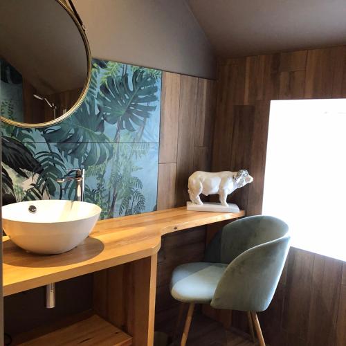 La salle de bains est pourvue d'un comptoir avec un lavabo et un miroir. dans l'établissement Le domaine Aubazen, à La Chapelle-Aubareil