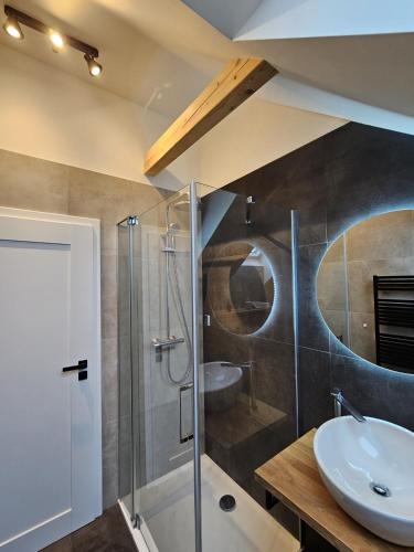 a bathroom with a glass shower and a sink at Pod vinohradem - apartmány & vinné sklepy in Mutěnice