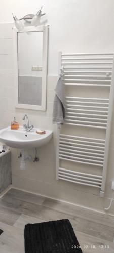 W białej łazience znajduje się umywalka i lustro. w obiekcie Dunaparti Tímár Villa w mieście Vác