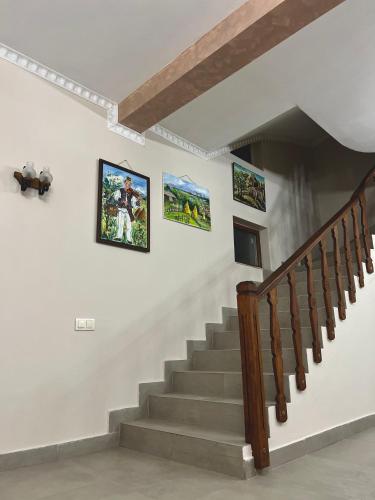 a staircase with three pictures on the wall at Pensiunea Irina Maramureș in Deseşti