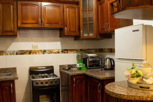 a kitchen with wooden cabinets and a stove and refrigerator at Confortable apartamento- Cotuí in Cotuí