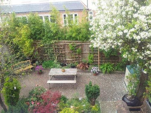 a garden with a bench and flowers and a fence at Compton Guest House in London