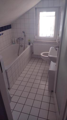łazienka z wanną, toaletą i umywalką w obiekcie Nice + sunny room, balkony, all facilities... w Trewirze