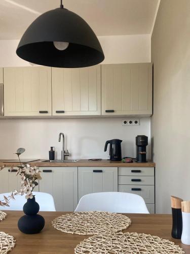a kitchen with a table and a black light fixture at Pod vinohradem - apartmány & vinné sklepy in Mutěnice