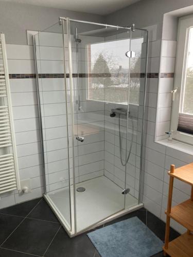 a shower with a glass enclosure in a bathroom at Lütte Stuv in Kollmar