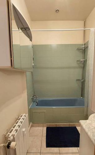 La salle de bains est pourvue d'une baignoire bleue et d'une douche. dans l'établissement Le calme au centre-ville dans une cour intérieure, avec place de parking privée, à Dieppe