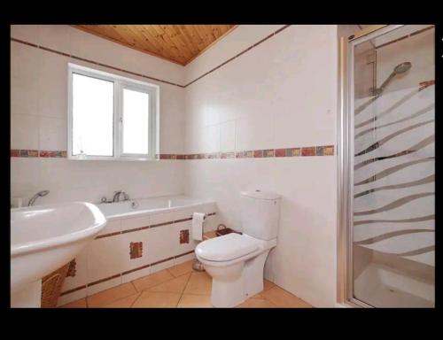a bathroom with a toilet and a sink and a tub at Scrabo View - King Bedroom with private bathroom in Comber