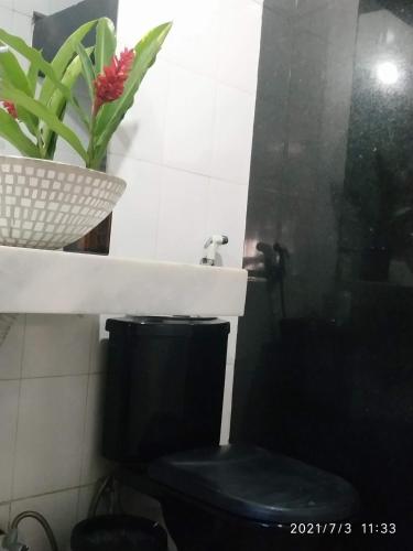 a bathroom with a toilet and a sink and a plant at Casa Sanca in Rio de Janeiro