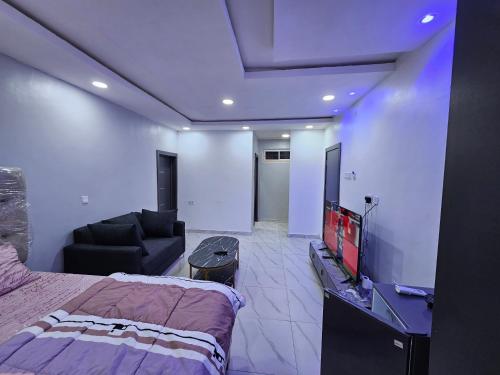 ein Schlafzimmer mit einem Bett, einem TV und einem Sofa in der Unterkunft Hencapservices 001HPS in Agege