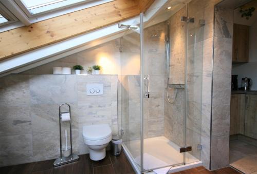 a bathroom with a toilet and a glass shower at Ferienwohnung Neuschwanstein in Füssen