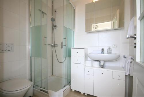 a bathroom with a shower and a toilet and a sink at Ferienhaus Seerose in Füssen