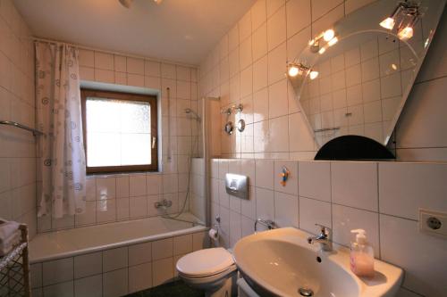 a bathroom with a sink and a toilet and a mirror at Ferienwohnung Bärbel in Osterreinen