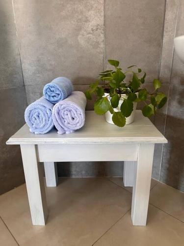 Una mesa blanca con toallas y una planta. en Alojamiento Céntrico en Posadas