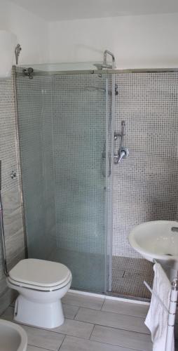 a bathroom with a shower and a toilet and a sink at Villa Eidos b&b in Domicella