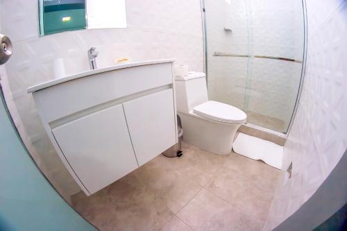 a bathroom with a toilet and a sink and a shower at LAS GAVIOTAS DE PARACAS in Paracas