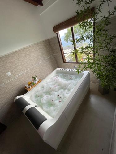 La salle de bains est pourvue d'une baignoire et d'une fenêtre. dans l'établissement Hapu Tales - Private Holiday Villa, à Haputale