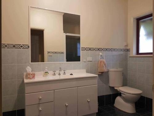 bagno con lavandino, servizi igienici e specchio di Topsys Corner - large rural house near Orange 