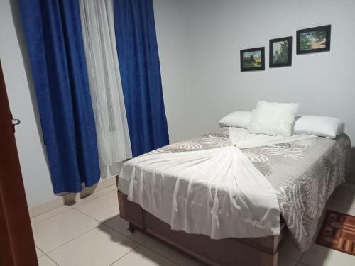 een slaapkamer met een bed met blauwe gordijnen bij HOSTAL FAMAR in Angostura