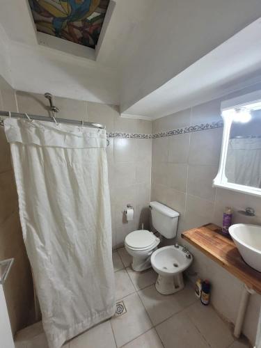 a bathroom with a toilet and a sink and a shower curtain at "La Violeta" casa con jardín, San Pedro in San Pedro