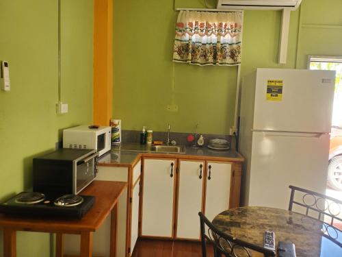 uma cozinha com um frigorífico e uma mesa com um micro-ondas em OverNite Comfort em Saint Augustine