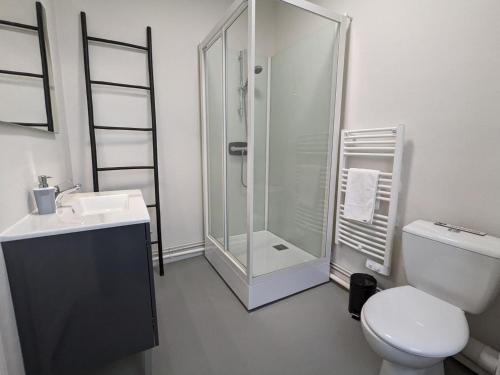 a bathroom with a shower and a toilet and a sink at Maison spacieuse avec terrasse, proche CNDBI, idéale pour familles et événements, animaux acceptés. - FR-1-653-249 in Saint-Yrieix-sur-Charente