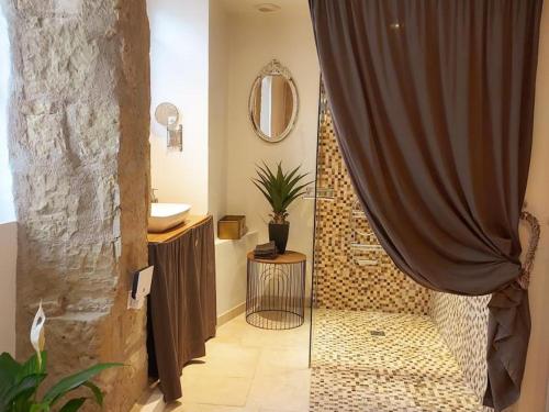 une salle de bain avec un rideau de douche et un lavabo dans l'établissement Gîte cosy avec spa, jardin et équipement complet à Bourgueil, près des Châteaux de la Loire - FR-1-381-564, à Bourgueil