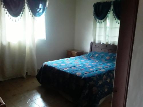 a bedroom with a bed and a window with curtains at Casita Villa el sol in Alto Boquete