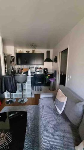 un salon avec un canapé et une cuisine dans l'établissement Charming Parisian apartment, à Asnières-sur-Seine