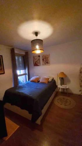 - une chambre avec un lit doté d'une couverture bleue et d'une lumière dans l'établissement Charming Parisian apartment, à Asnières-sur-Seine