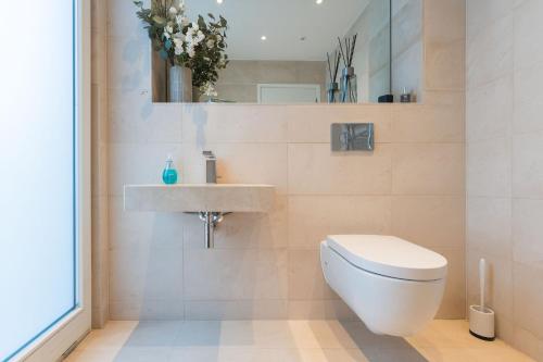 a bathroom with a toilet and a sink at 10 Bowmoor Edge By Birch Stays in Gloucestershire