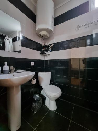 a bathroom with a white toilet and a sink at ARTAPARTMENTS-center in Chernihiv