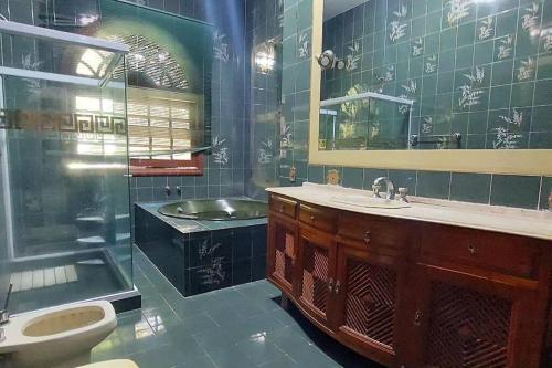 bagno con lavandino, servizi igienici e specchio di A Famosa CASA BRANCA da Barra! Suíte 6 c/ HIDRO a Rio de Janeiro