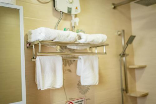 a towel rack in a bathroom with towels at ZAN Lodge in Male City
