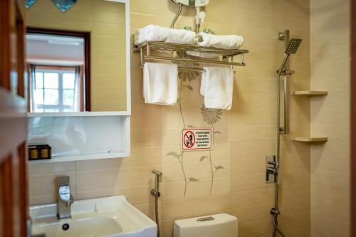 a bathroom with a sink and a toilet and a mirror at ZAN Lodge in Male City