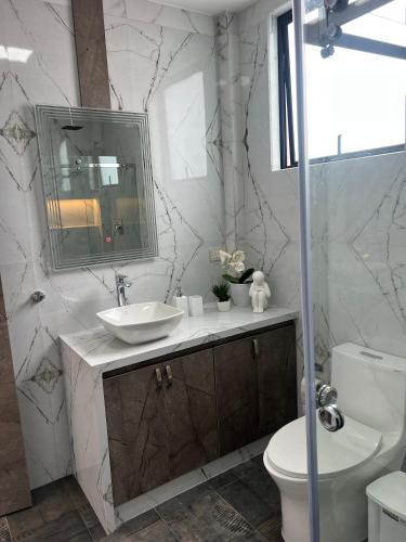 a bathroom with a sink and a toilet and a mirror at Suit Exclusiva y elegante in Riobamba