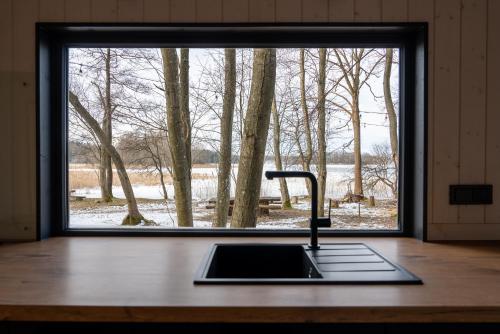 a kitchen sink in front of a window at Living art piece at the lake. in Užutrakis