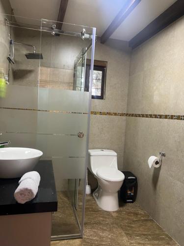 a bathroom with a toilet and a glass shower at Steingarten, Casa de Campo hermosa y amoblada. in Riobamba