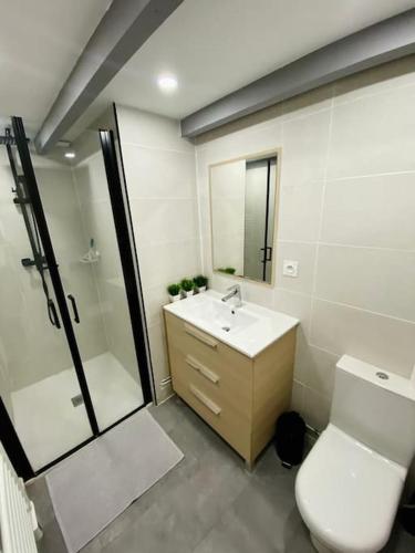 une salle de bain avec toilettes, lavabo et douche dans l'établissement L'Embellie au coeur du village de La Cotinière, à La Cotinière