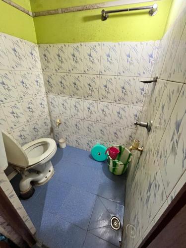 baño con aseo y suelo azul en MANAS LODGE/HOTEL (NOOR MARKET), en Bongaigaon